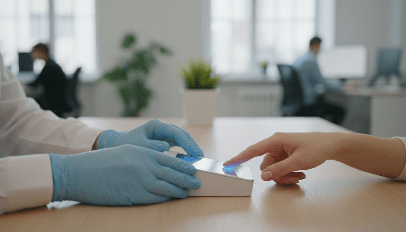 Close-up of a technician's hands positioning a person's fingers on a digital fingerprint scanner device
