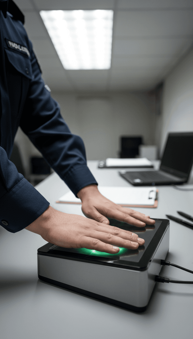 Security professional's hands on a digital fingerprint scanner