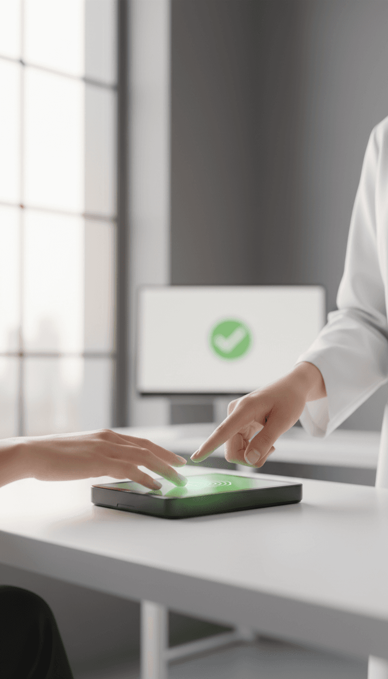 Technician guiding a customer's hand on a digital fingerprint scanner at a clean desk