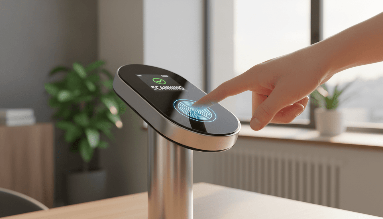Hand pressing on a digital fingerprint scanner in a professional office