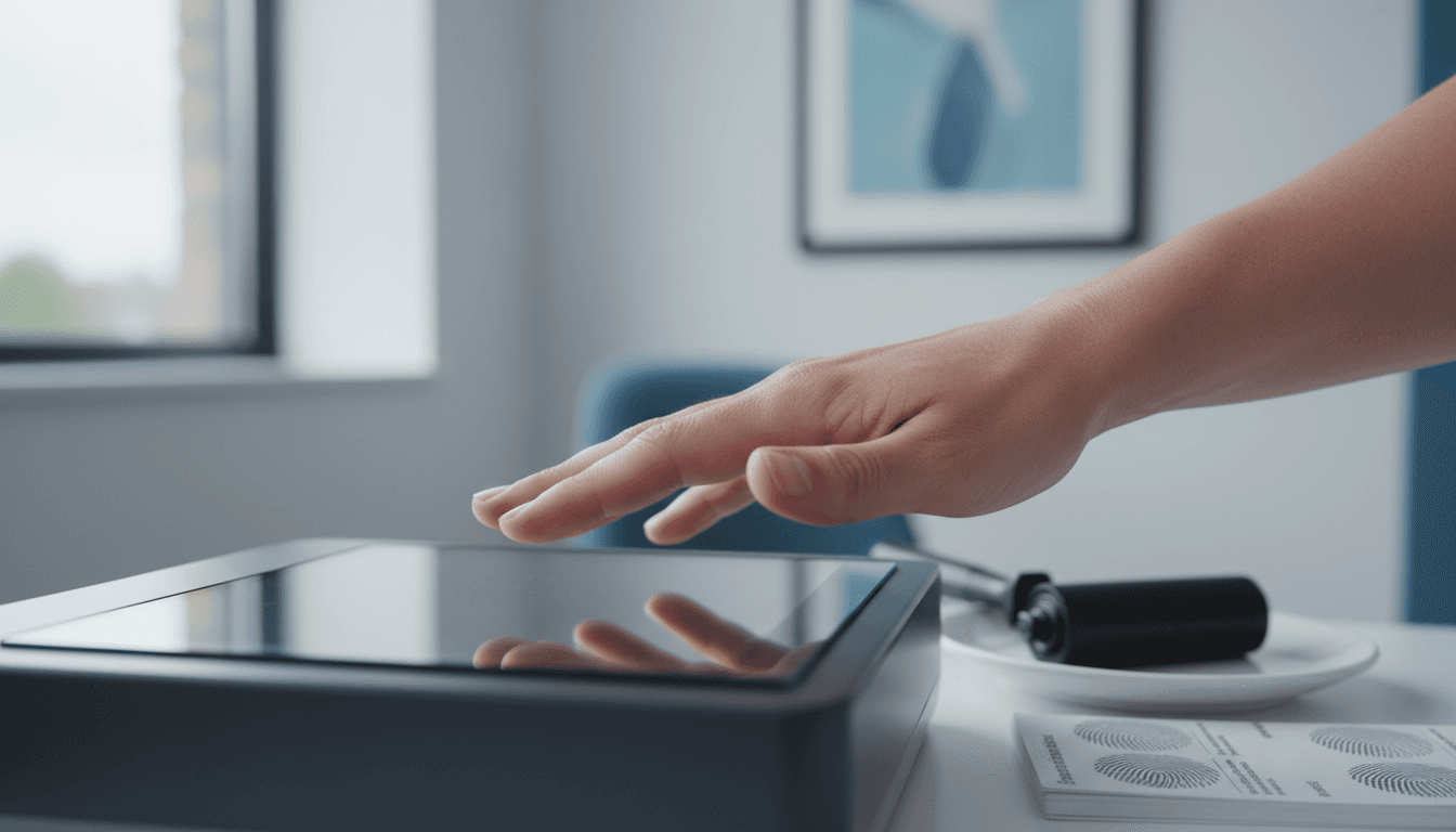 Close-up of a fingerprint scanner in a professional setting