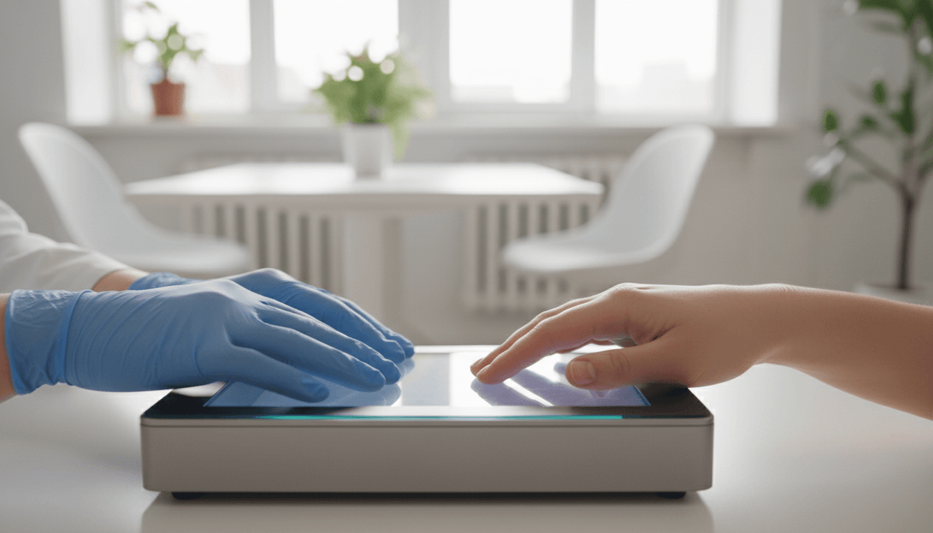 Close-up of hands being fingerprinted on a digital scanner