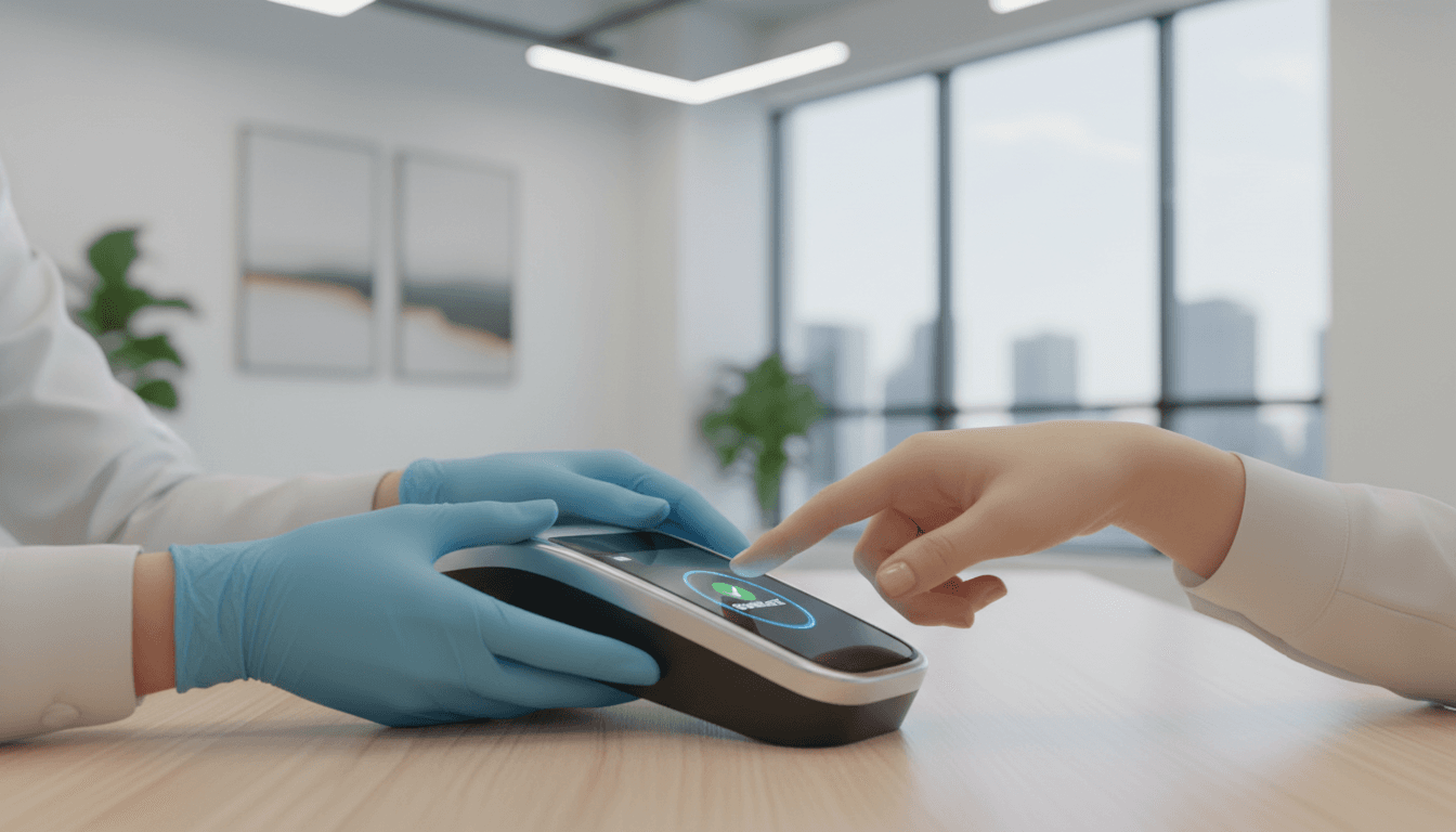 LV Fingerprinting technician assisting a customer with digital fingerprint scanning
