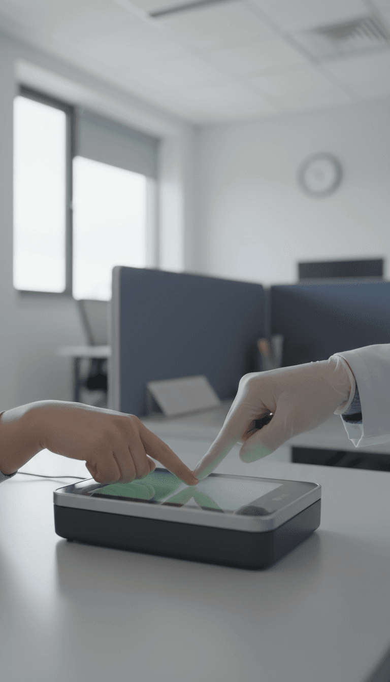 Technician guiding an applicant's hand on a digital fingerprint scanner