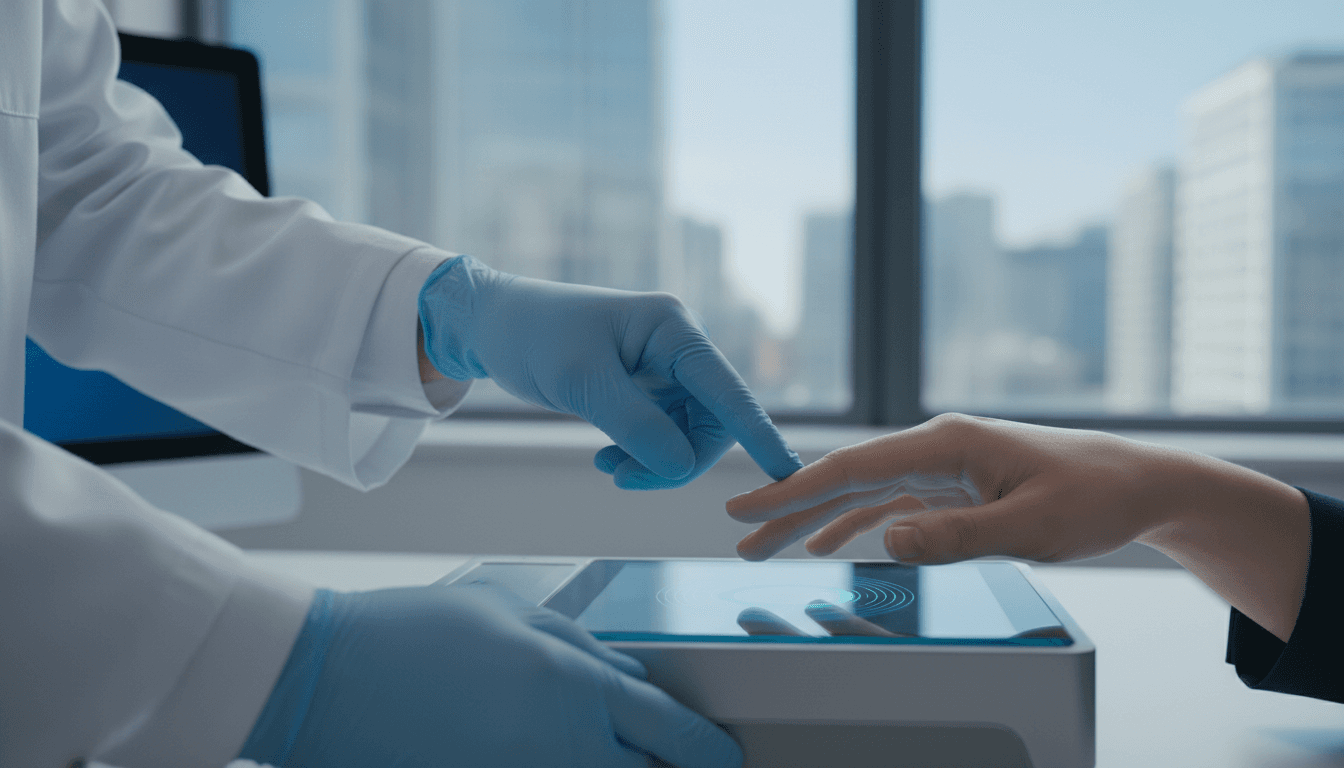 Hands being guided onto a digital fingerprint scanner in a bright office