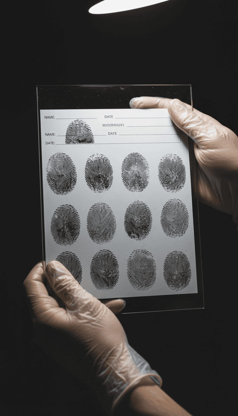Technician's hands holding a fingerprint card with fresh ink prints
