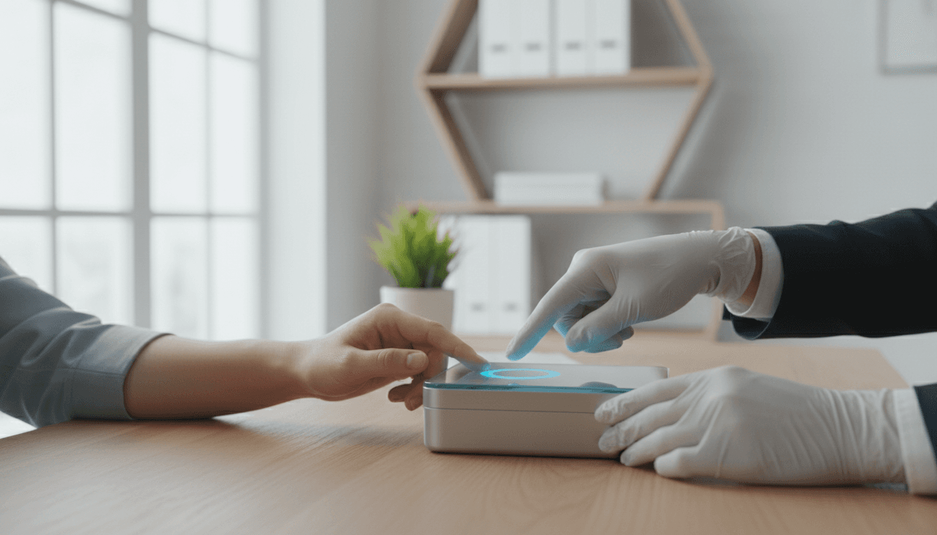 Close-up of hands being scanned on a digital fingerprint device