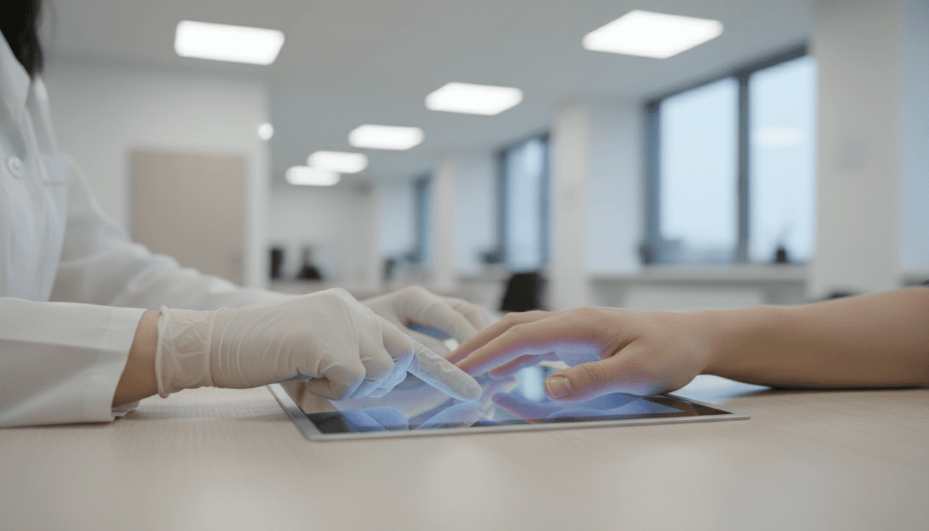 Technician guiding fingers on a digital fingerprint scanner