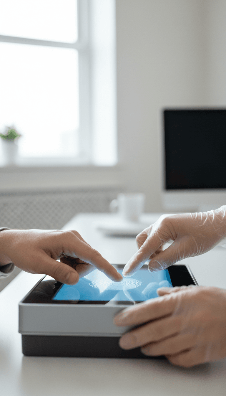 Close-up of fingers being scanned on a digital fingerprinting device