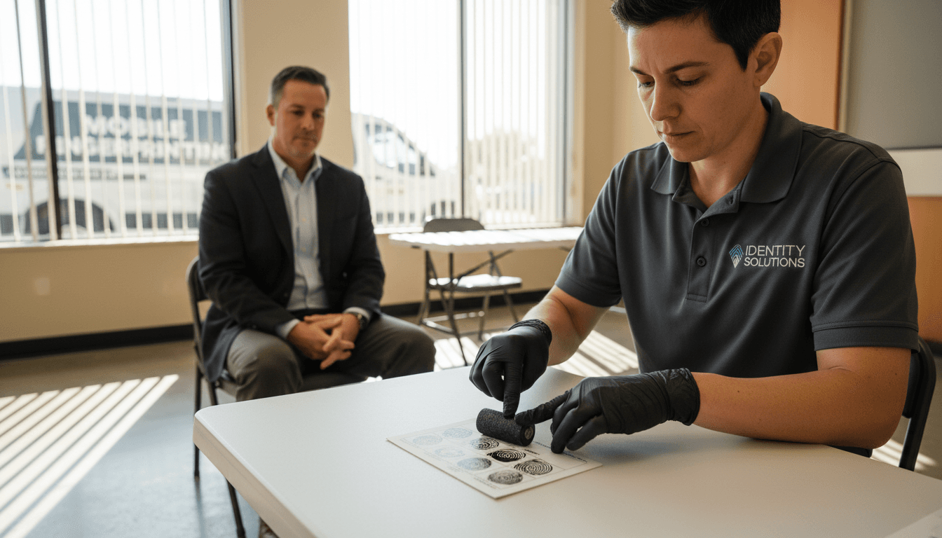 Close-up of technician's hands rolling fingerprints of a client at a mobile workstation