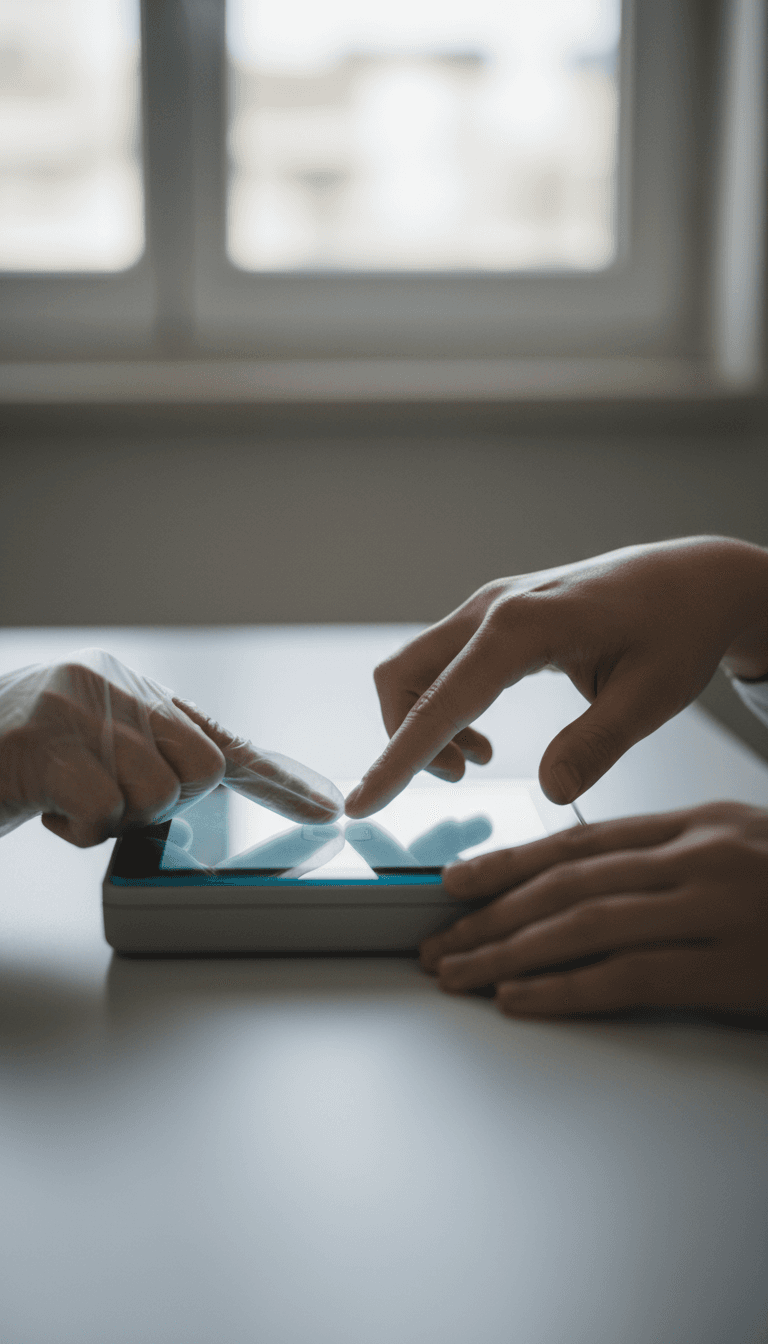 Applicant placing hand on a digital fingerprint scanner at LV Fingerprinting