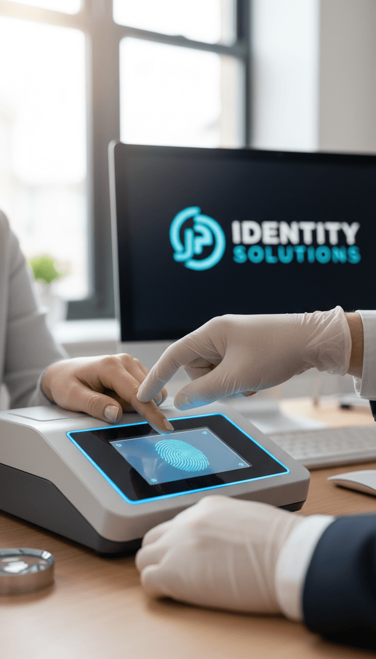 Technician guiding a client's hand on a digital fingerprint scanner