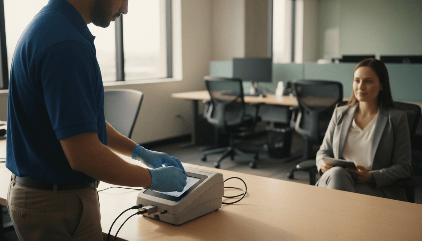Fingerprinting technician setting up portable scan device in an office for group employee background checks