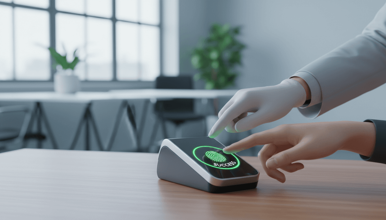 Technician guiding a client's hand on a digital fingerprint scanner in a bright office