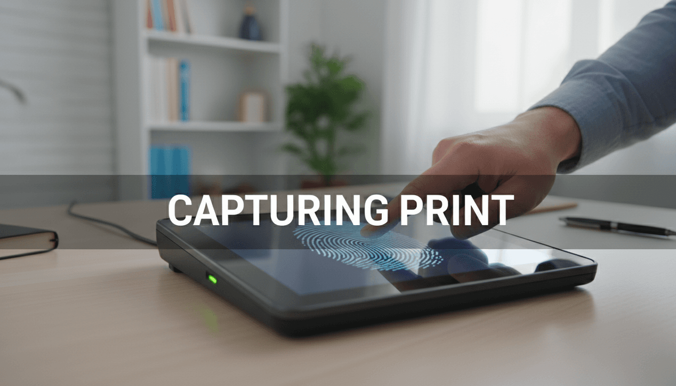 Close-up of a mobile fingerprint scanner capturing a person's fingerprints at a home office desk