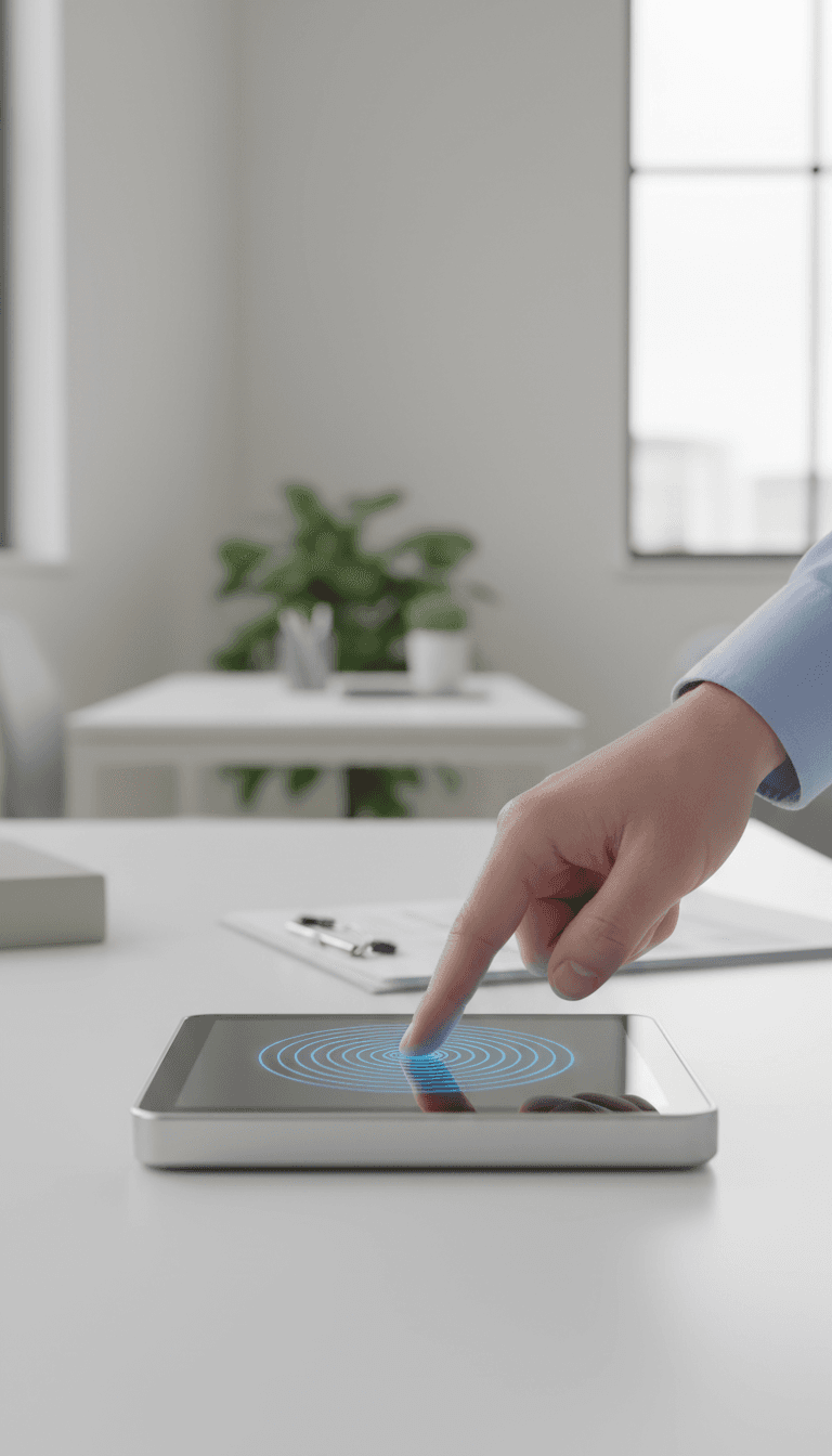 Close-up of a hand on a digital fingerprint scanner