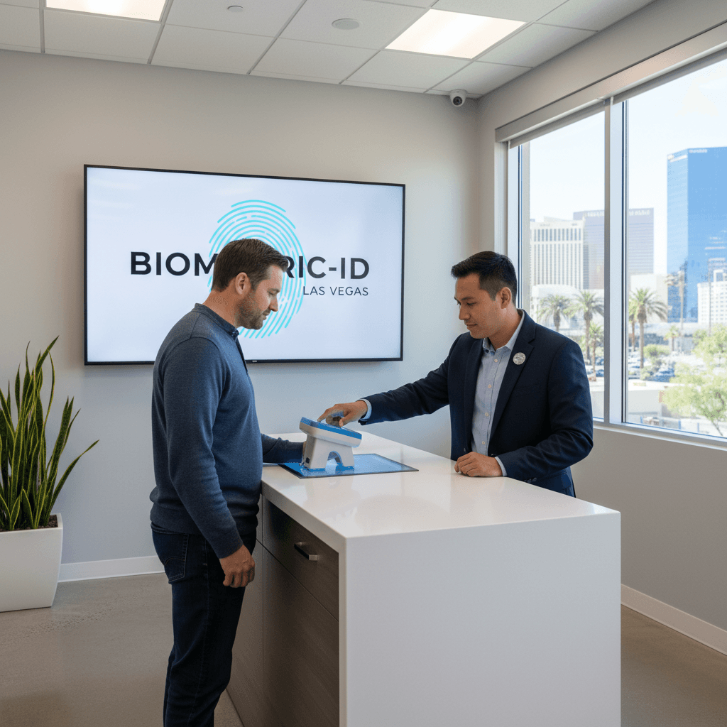 Customer using a digital fingerprint scanner at a modern service counter with technician assistance