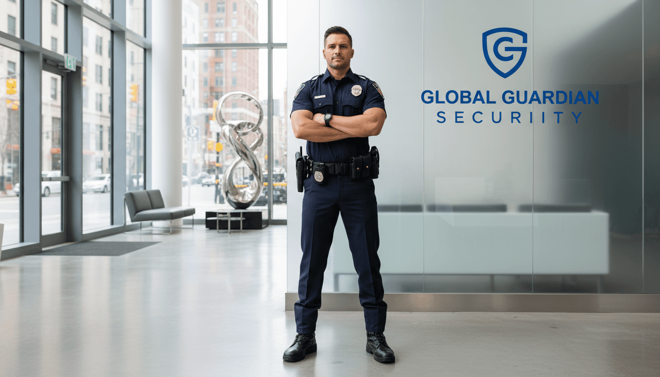 Security professional standing in a modern building lobby