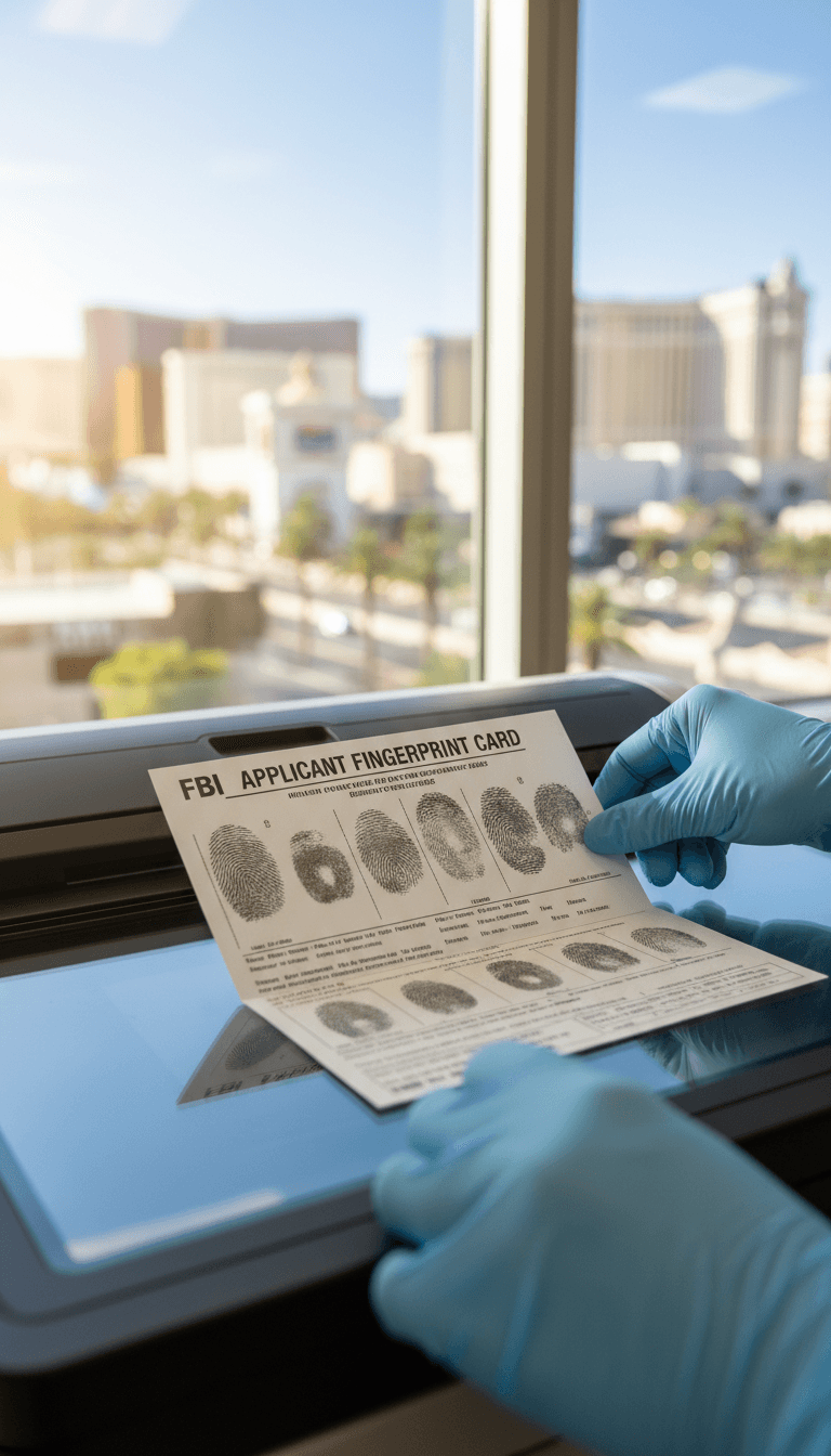 Technician's hands placing a fingerprint card on a scanner in the office
