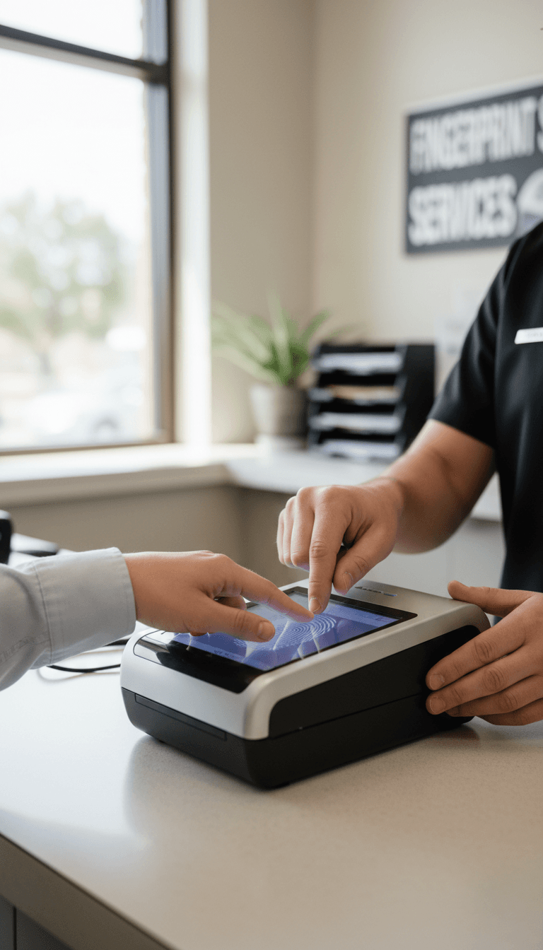 Fingerprint technician assisting applicant with live scan device