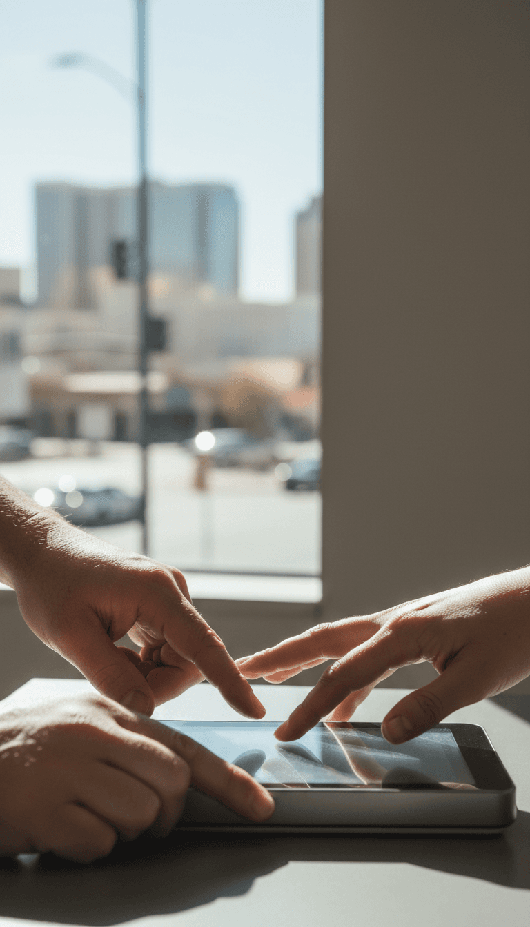 Technician guiding a client's hand on a digital fingerprint scanner