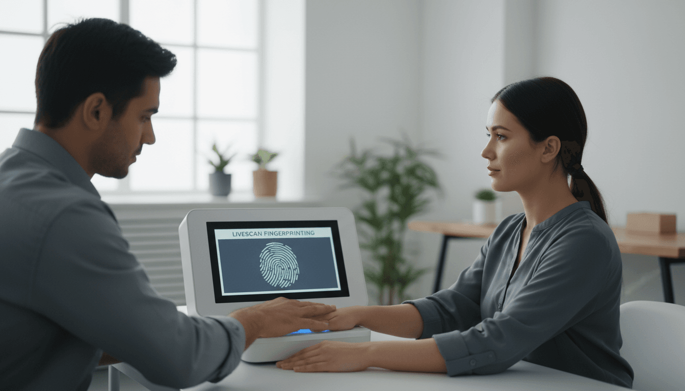 A professional fingerprinting expert in a clean office carefully pressing an applicant's hand onto a digital scanner, focusing on clarity and detail during the process