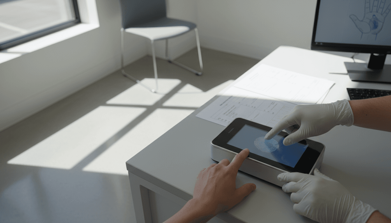 Technician guiding a client's fingers on a digital fingerprint scanner at a clean workstation