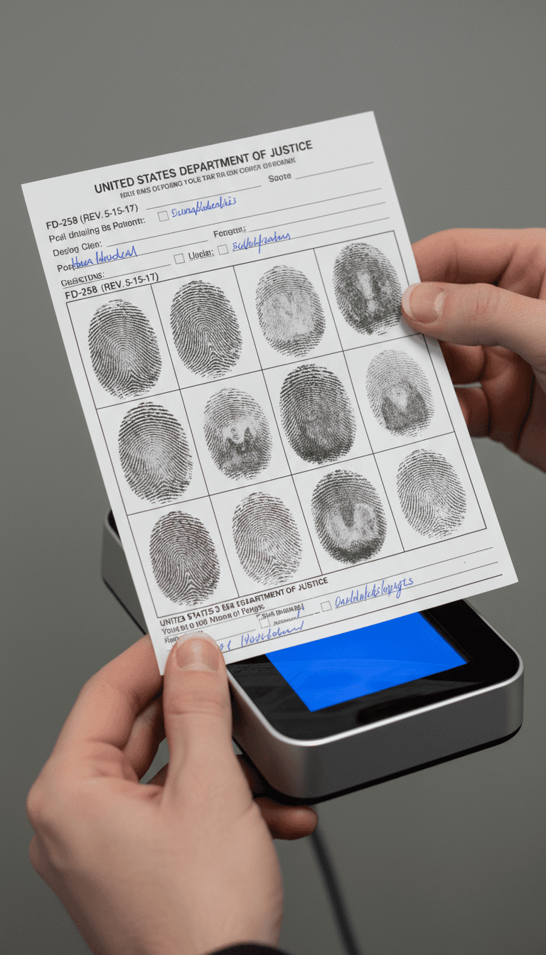 Completed ATF fingerprint card held near a fingerprint scanner at LV Fingerprinting in Las Vegas