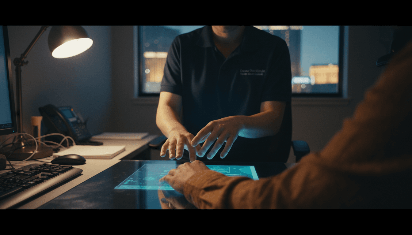 Hands being fingerprinted on a digital scanner in a downtown office