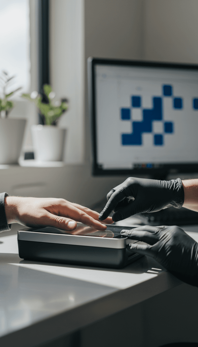 A technician's hands guiding a client's fingers on a digital fingerprint scanner device