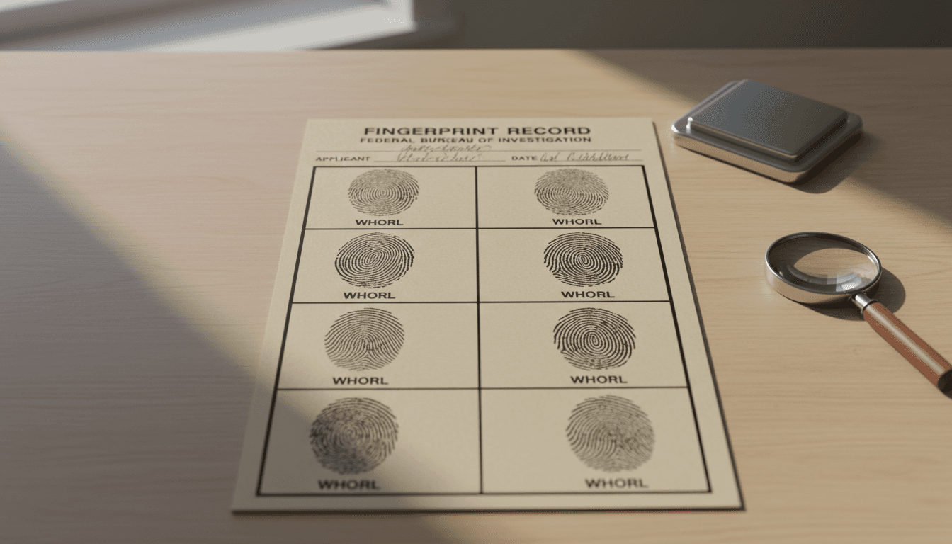 Fingerprint card with visible whorl patterns on a desk