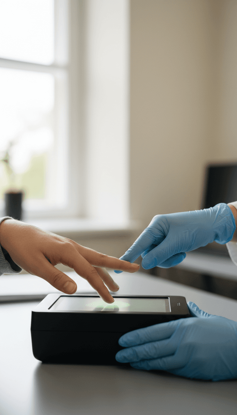Applicant's hand being guided on a fingerprint scanner at LV Fingerprinting