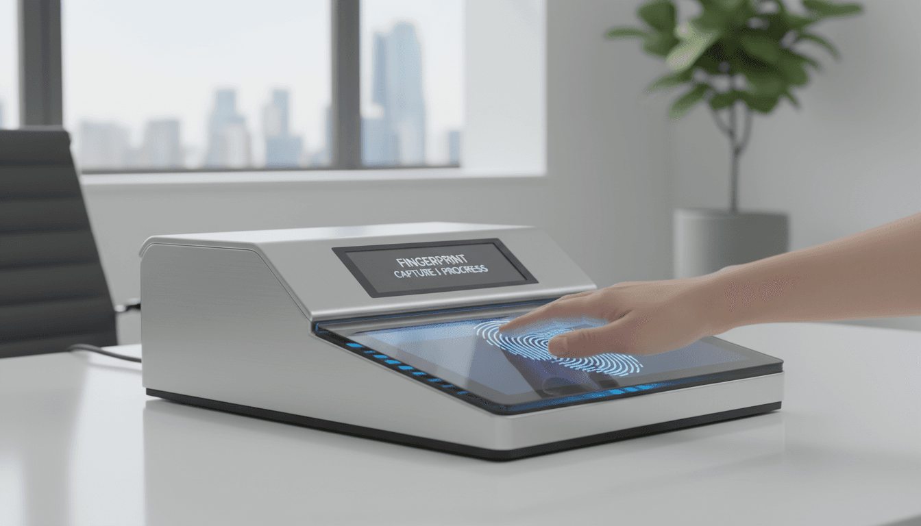 Electronic fingerprint scanner in a bright professional office