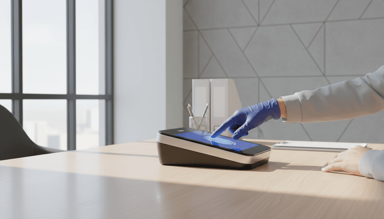 Fingerprint scanner on a desk with a hand being guided for a print