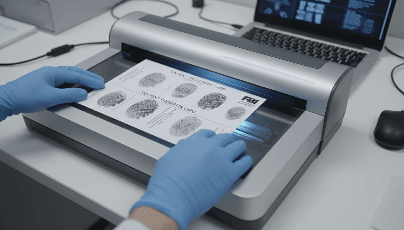 Technician scanning a paper fingerprint card on a flatbed scanner in a downtown Las Vegas office