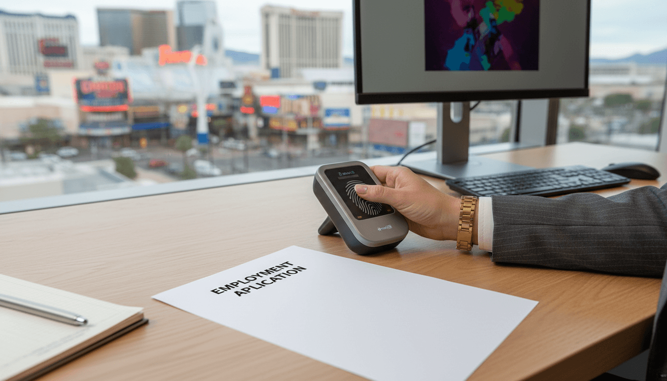 Hand pressing a finger onto a digital fingerprint scanner in a bright, clean office