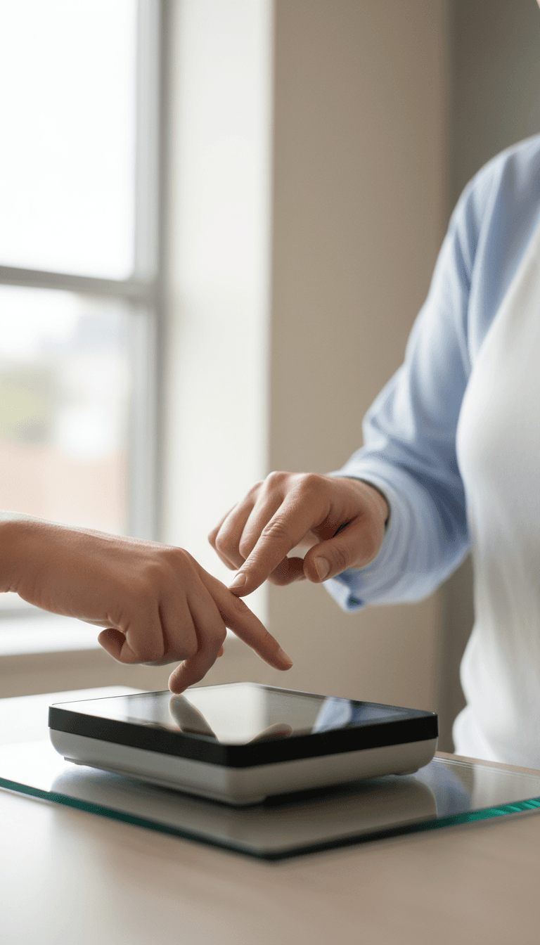 Close-up of a technician guiding a person's hand on a digital fingerprint scanner in a bright office