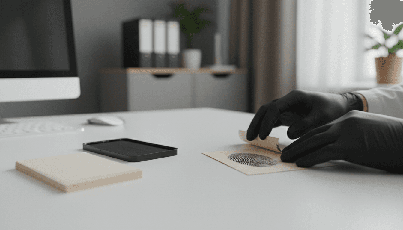 Technician rolling an ink fingerprint card on a desk