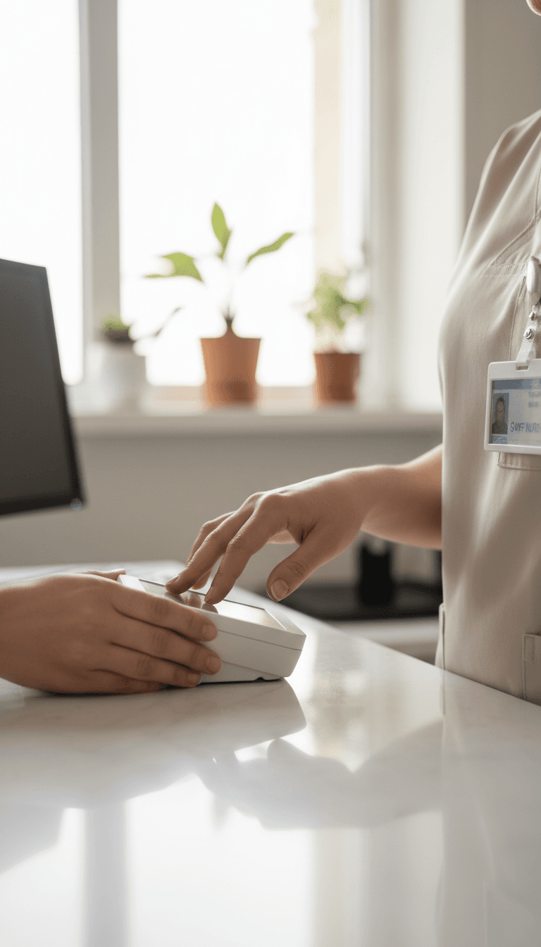 A technician guiding a nurse's hand on a digital fingerprint scanner