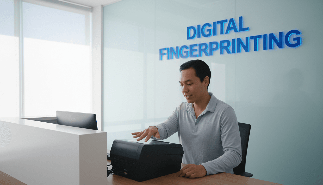 Customer placing hand on a digital live scan fingerprinting device at a service counter in Las Vegas