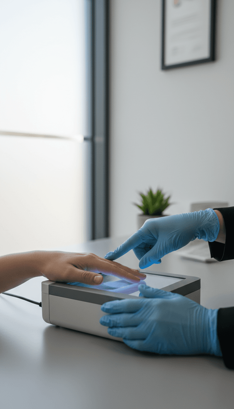 Close-up of hands being scanned on a digital fingerprint device at LV Fingerprinting