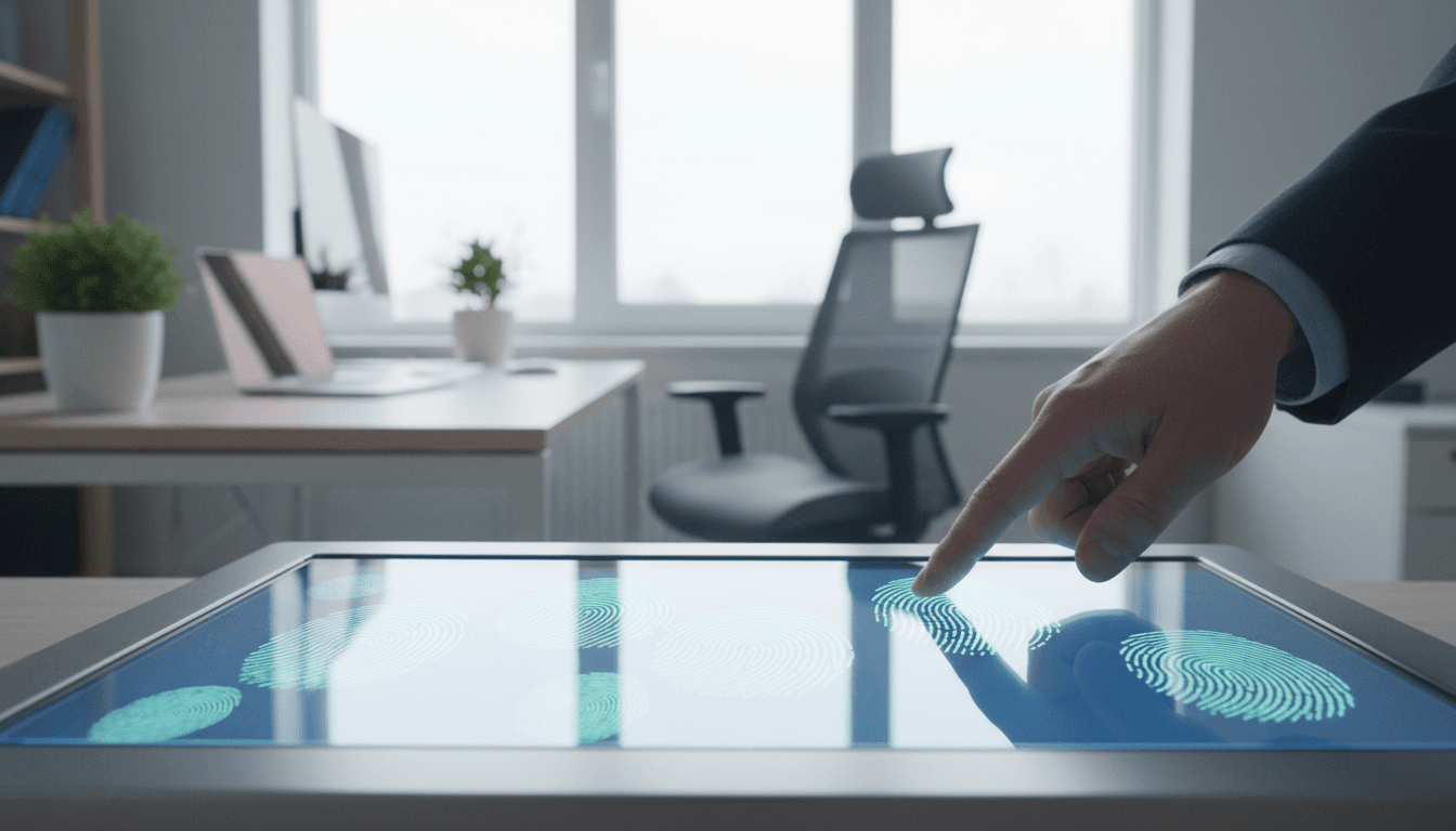 Close-up of a person's hand on a digital fingerprint scanner, office background softly blurred