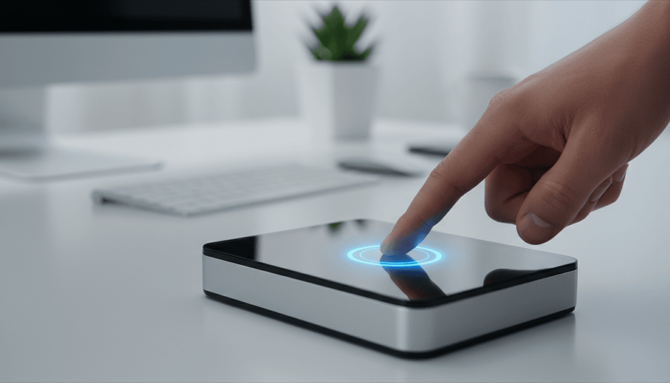 Person pressing finger on live scan fingerprint device, blue light glow