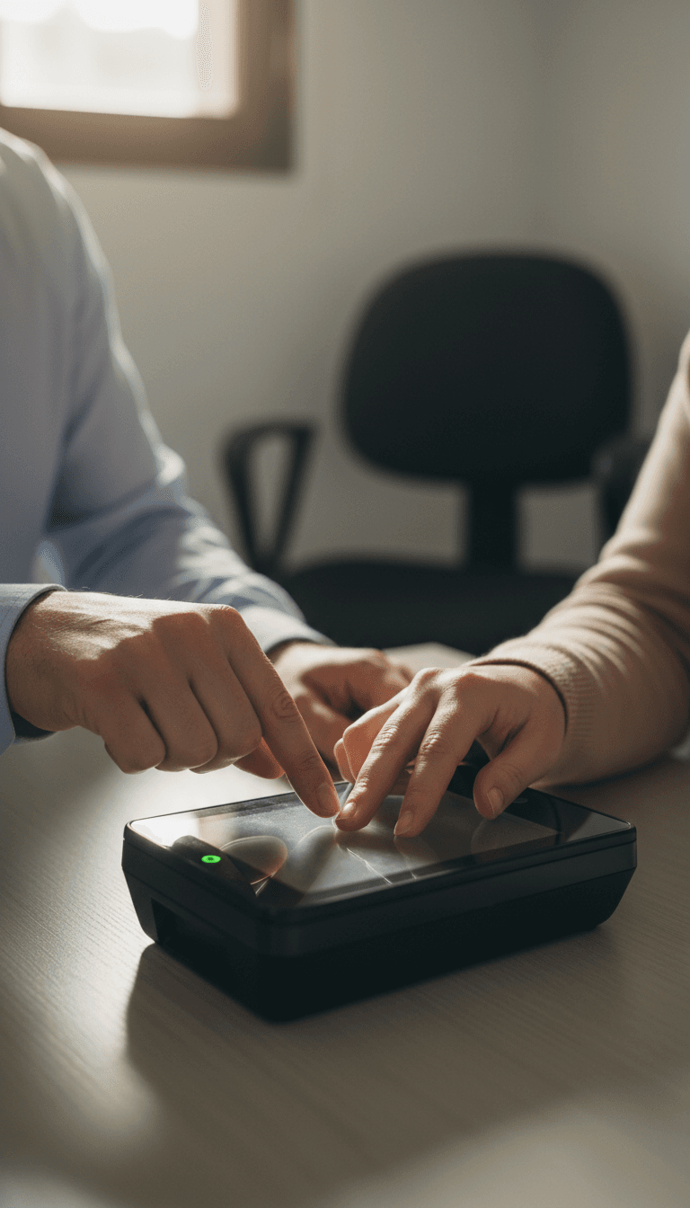 Technician taking a client's fingerprints on a digital scanner at an office desk