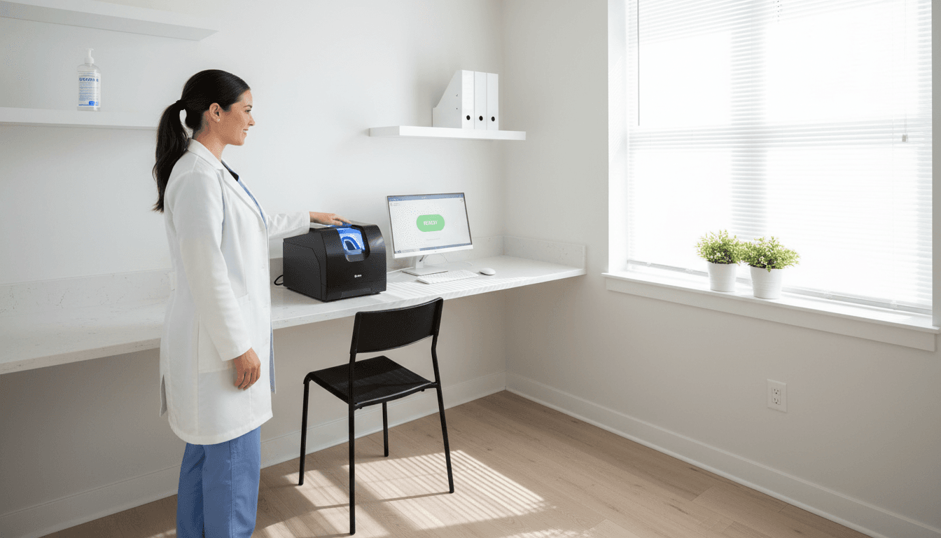 A nurse standing next to a digital fingerprint scanner in a clean office