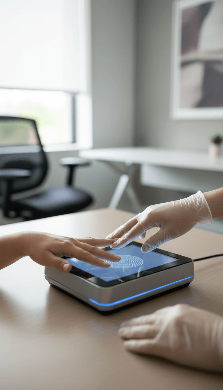 Technician guiding an applicant's fingers on a live scan fingerprinting device