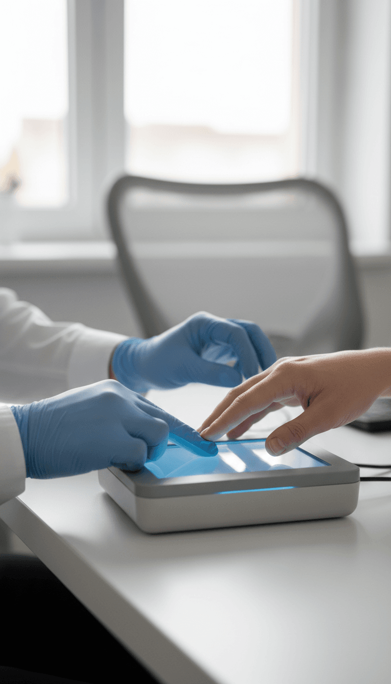 Technician guiding a client's fingers onto a live scan device at a clean office desk