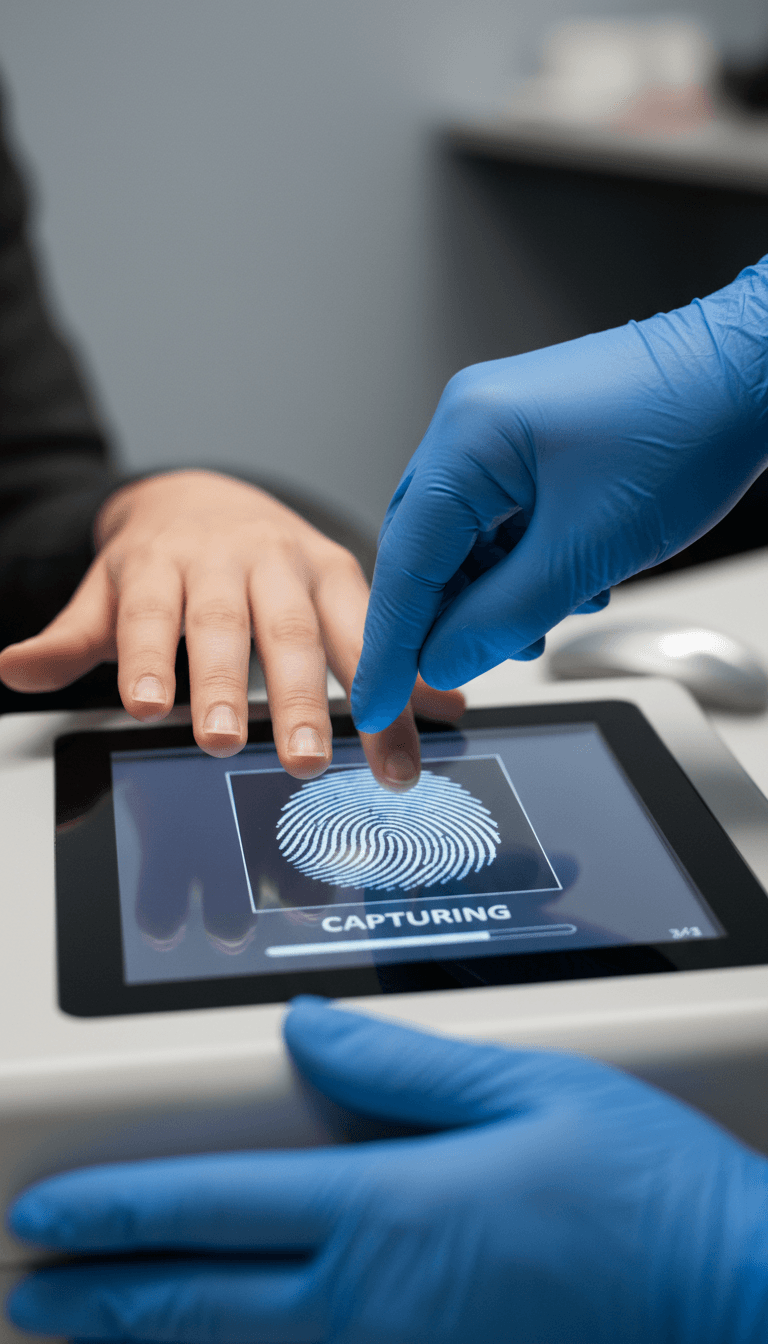 Applicant's hand placed on a digital fingerprint scanner
