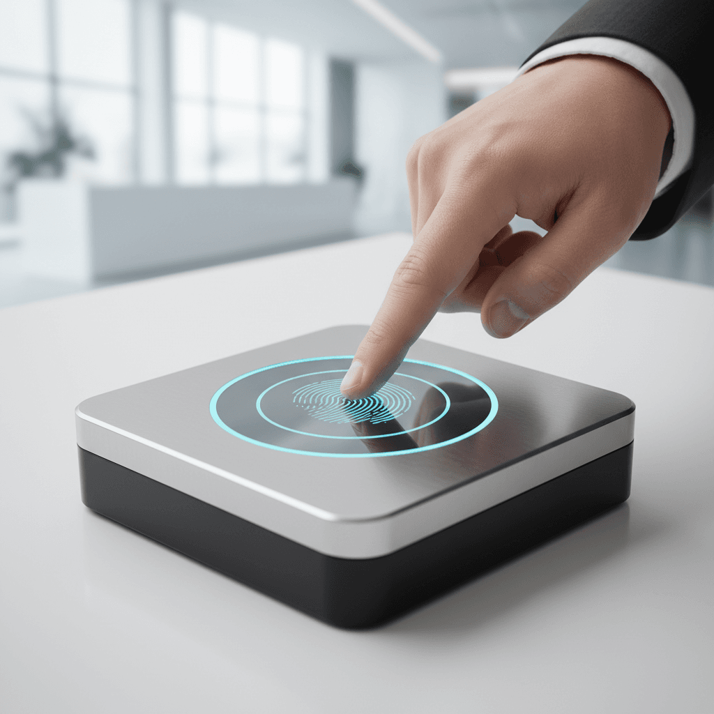 Technician guiding applicant's fingers on a LiveScan fingerprint scanner